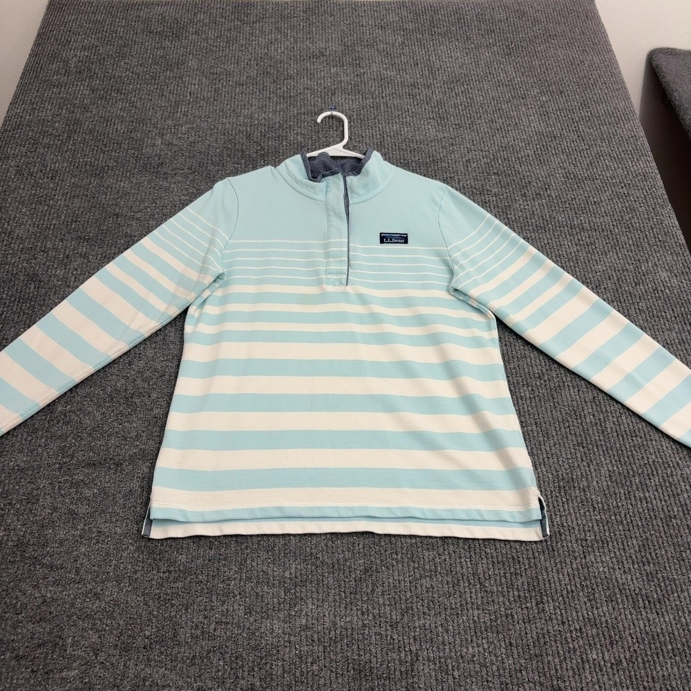 LL Bean Sweatshirt Womens M Blue Cotton Striped Quarter Button Mock Neck Casual